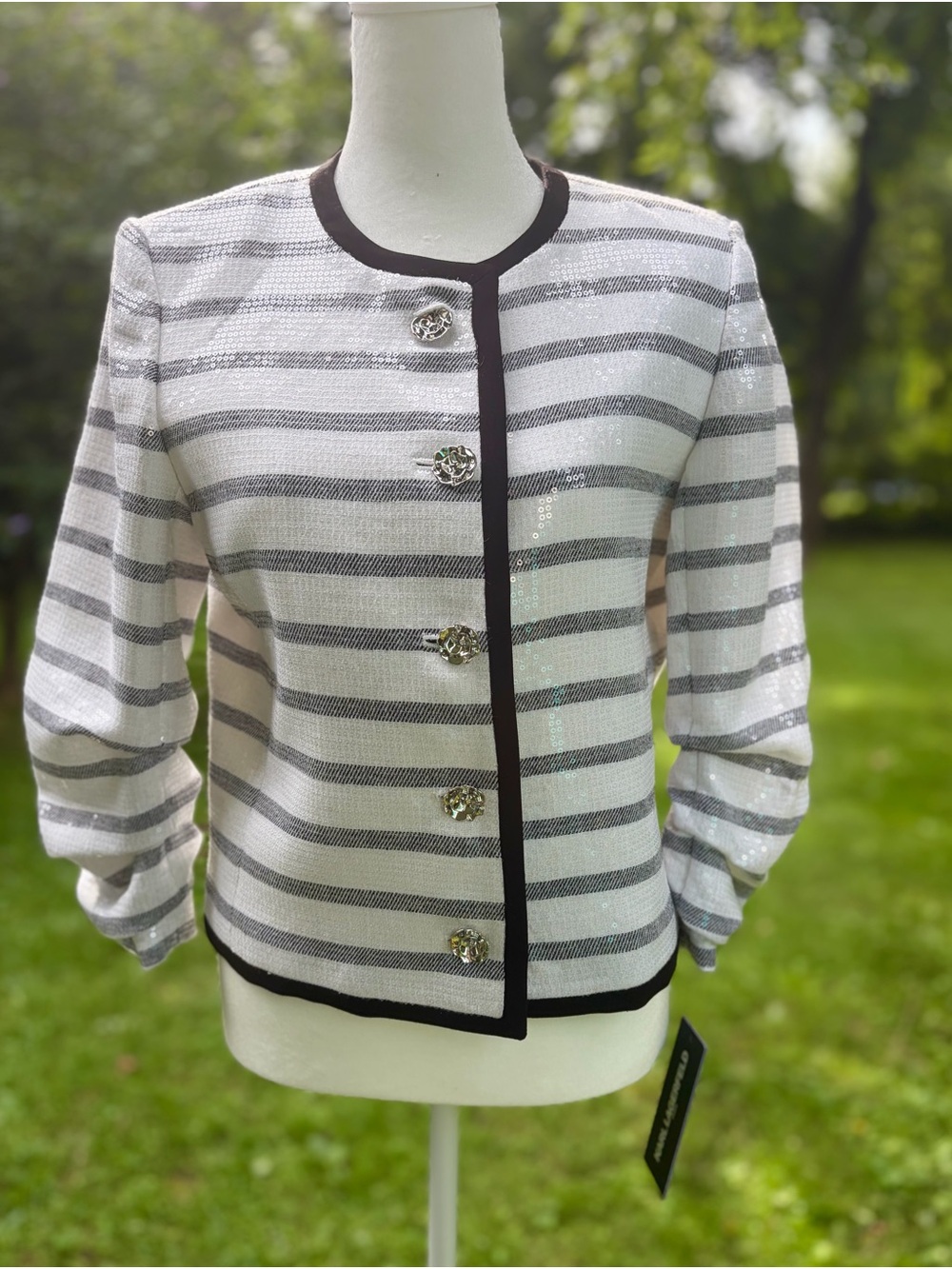 NWT: Karl Lagerfeld Grey & White Black Trim Striped Sequin Trim Jacket